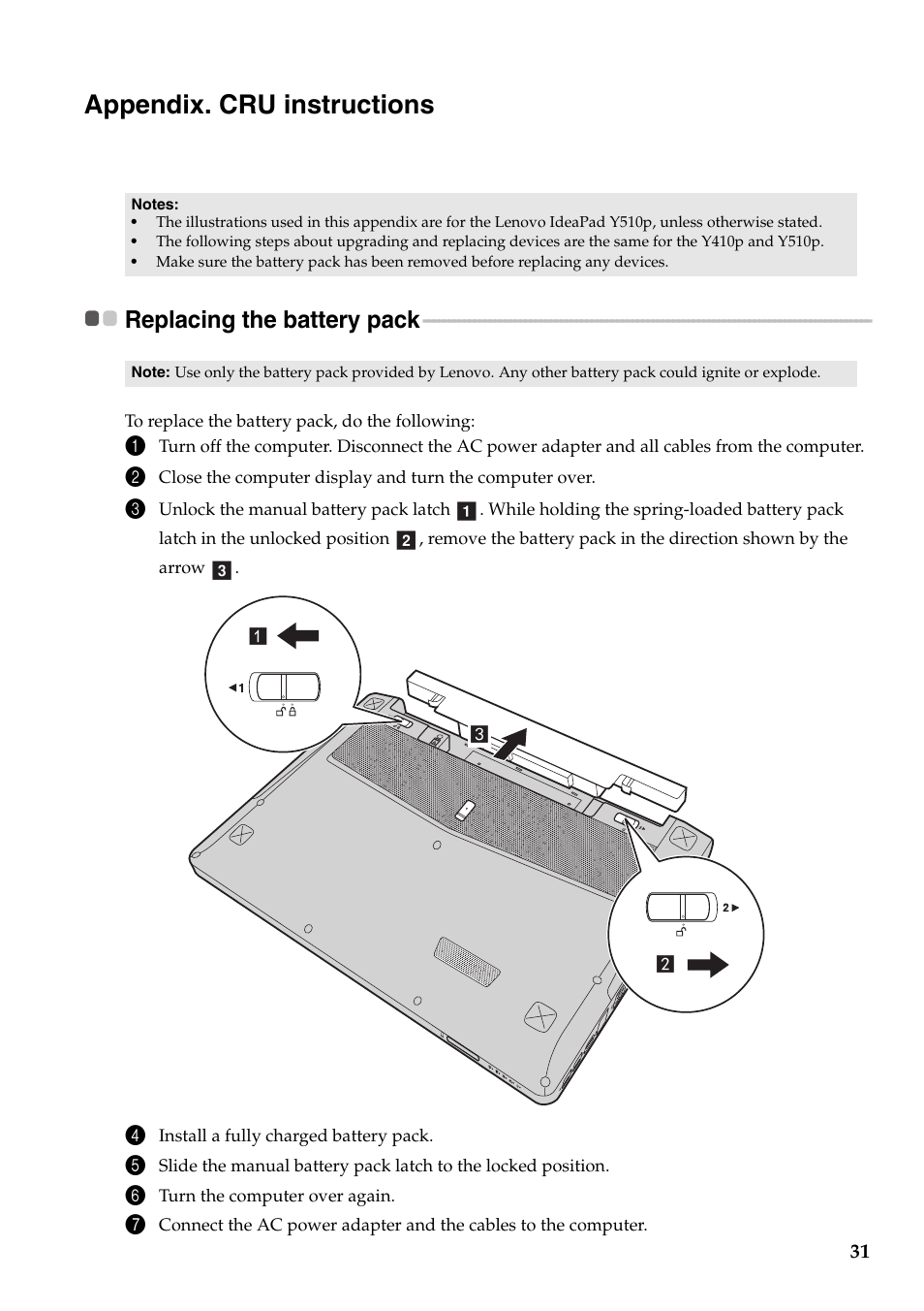 Appendix. cru instructions, Replacing the battery pack | Lenovo IdeaPad Y410p Notebook User Manual | Page 35 / 40