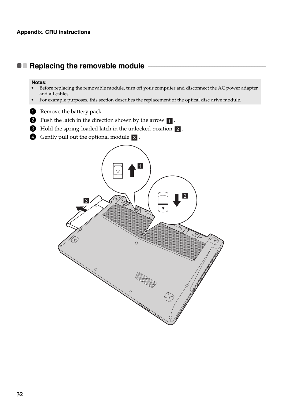 Replacing the removable module | Lenovo IdeaPad Y410p Notebook User Manual | Page 36 / 40