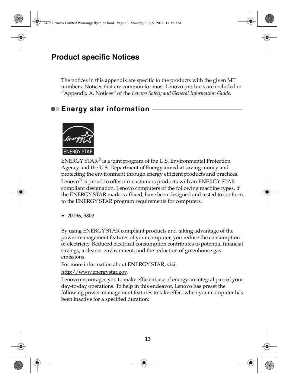 Product specific notices, Energy star information | Lenovo IdeaPad S405 Notebook User Manual | Page 13 / 20