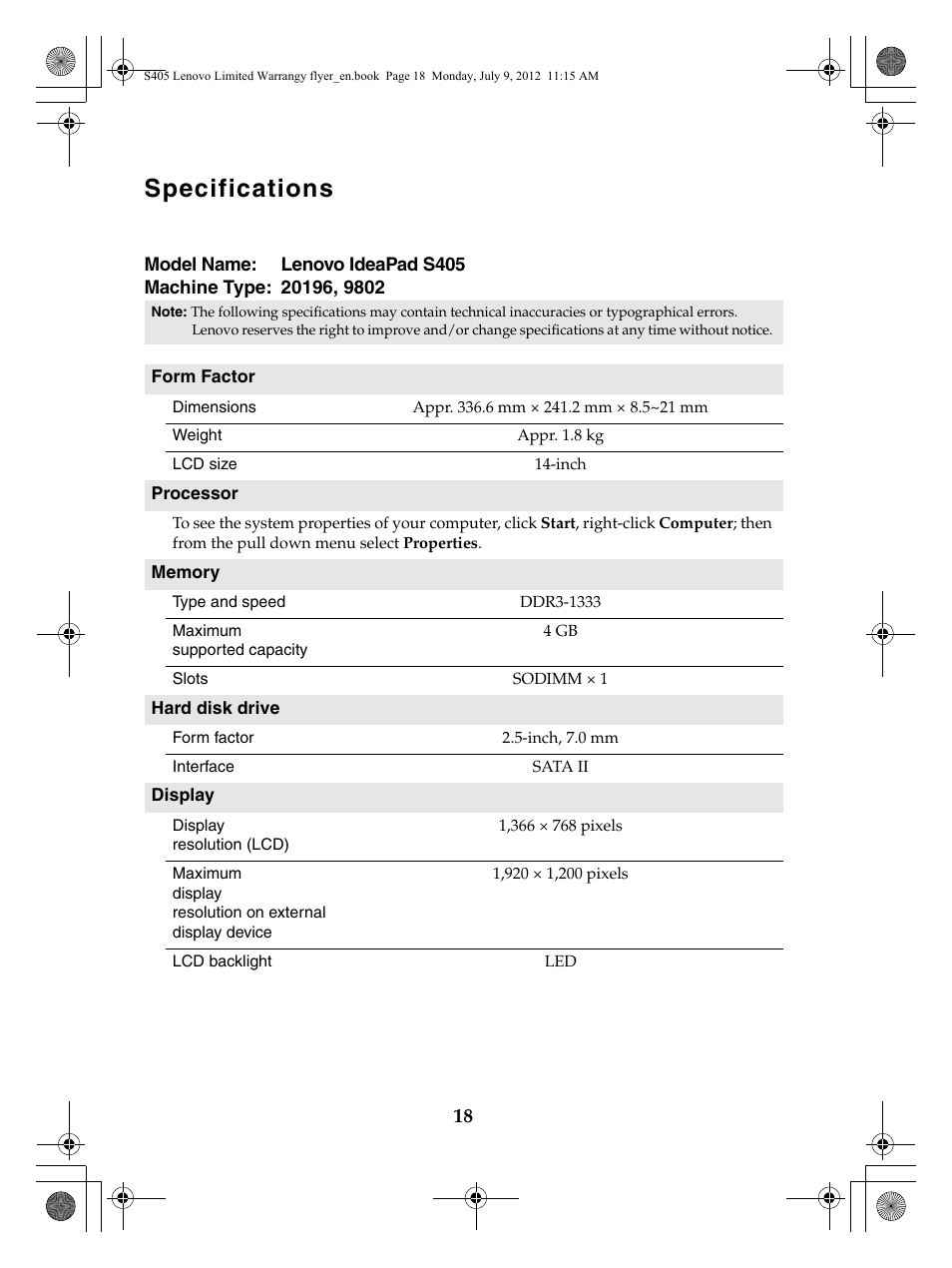 Specifications | Lenovo IdeaPad S405 Notebook User Manual | Page 18 / 20