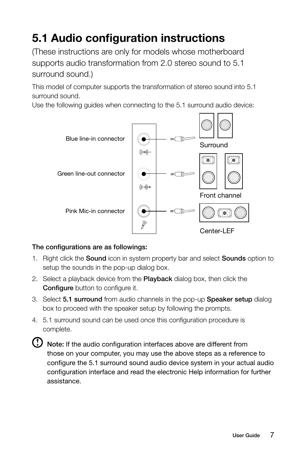 1 audio configuration instructions | Lenovo H505s Desktop User Manual | Page 12 / 53