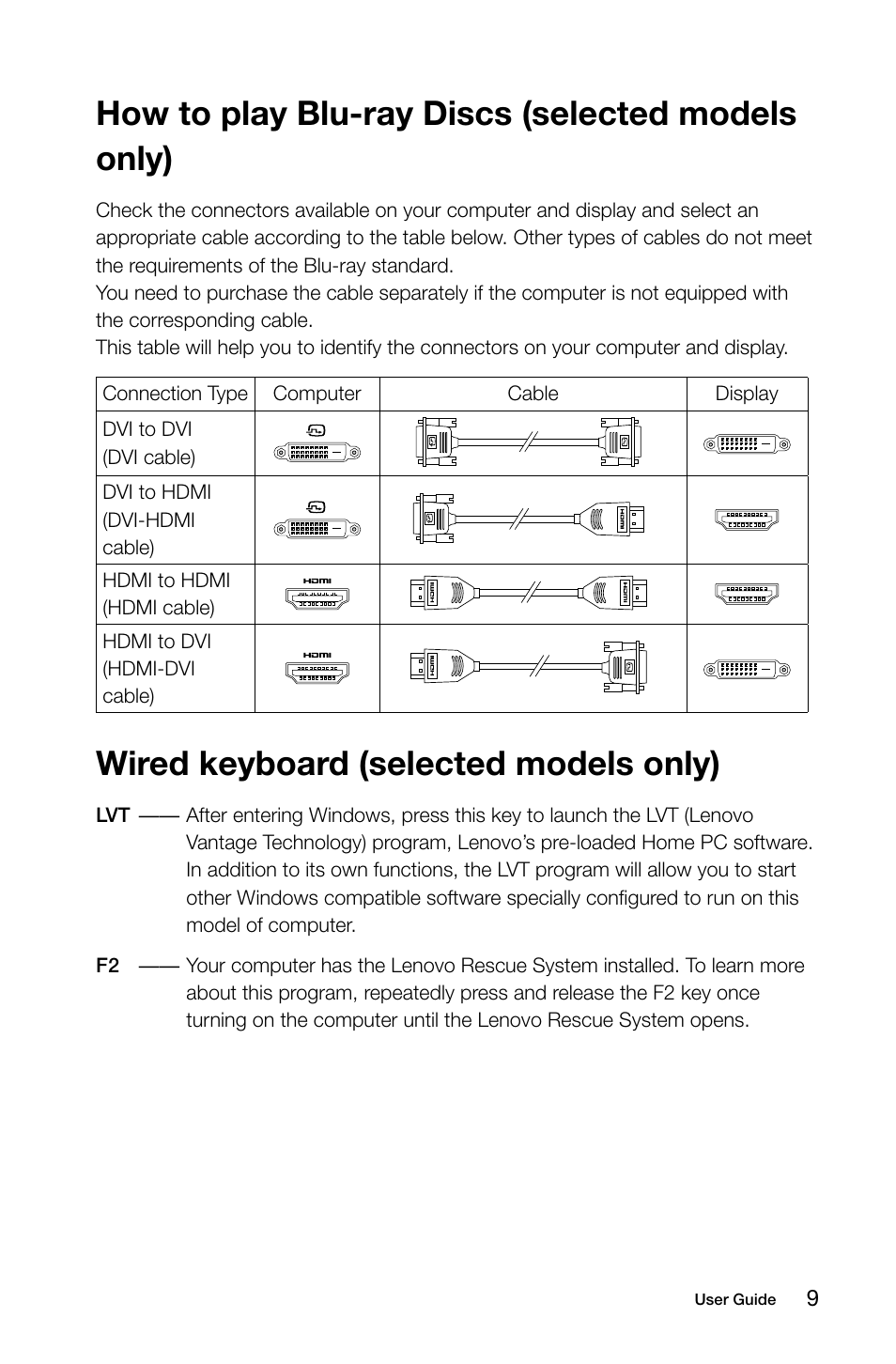 How to play blu-ray discs (selected models only), Wired keyboard (selected models only) | Lenovo H505s Desktop User Manual | Page 14 / 53