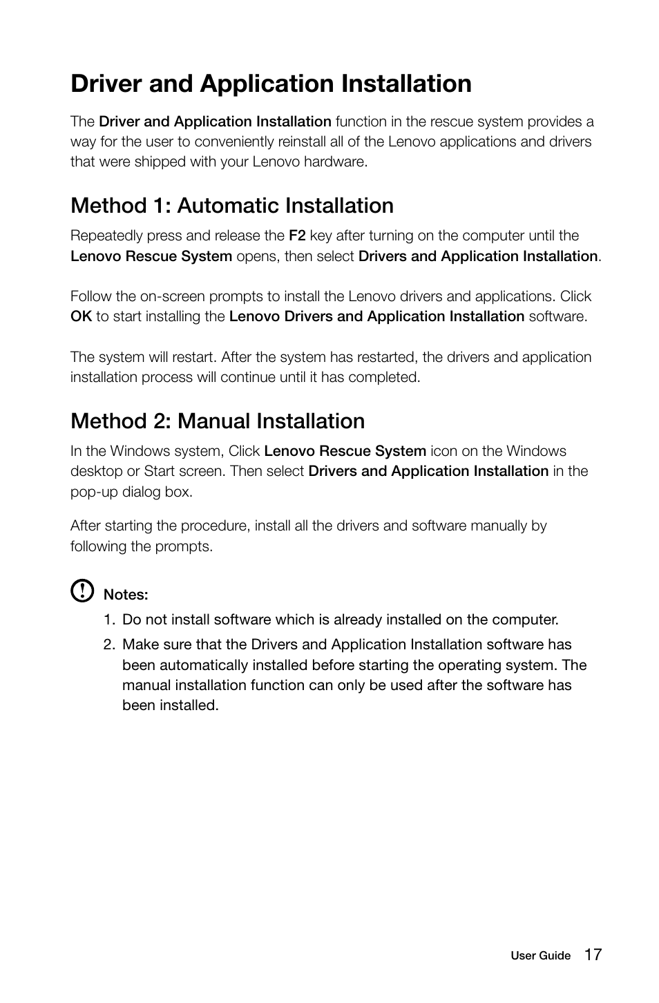 Driver and application installation, Method 1: automatic installation, Method 2: manual installation | Lenovo H505s Desktop User Manual | Page 22 / 53