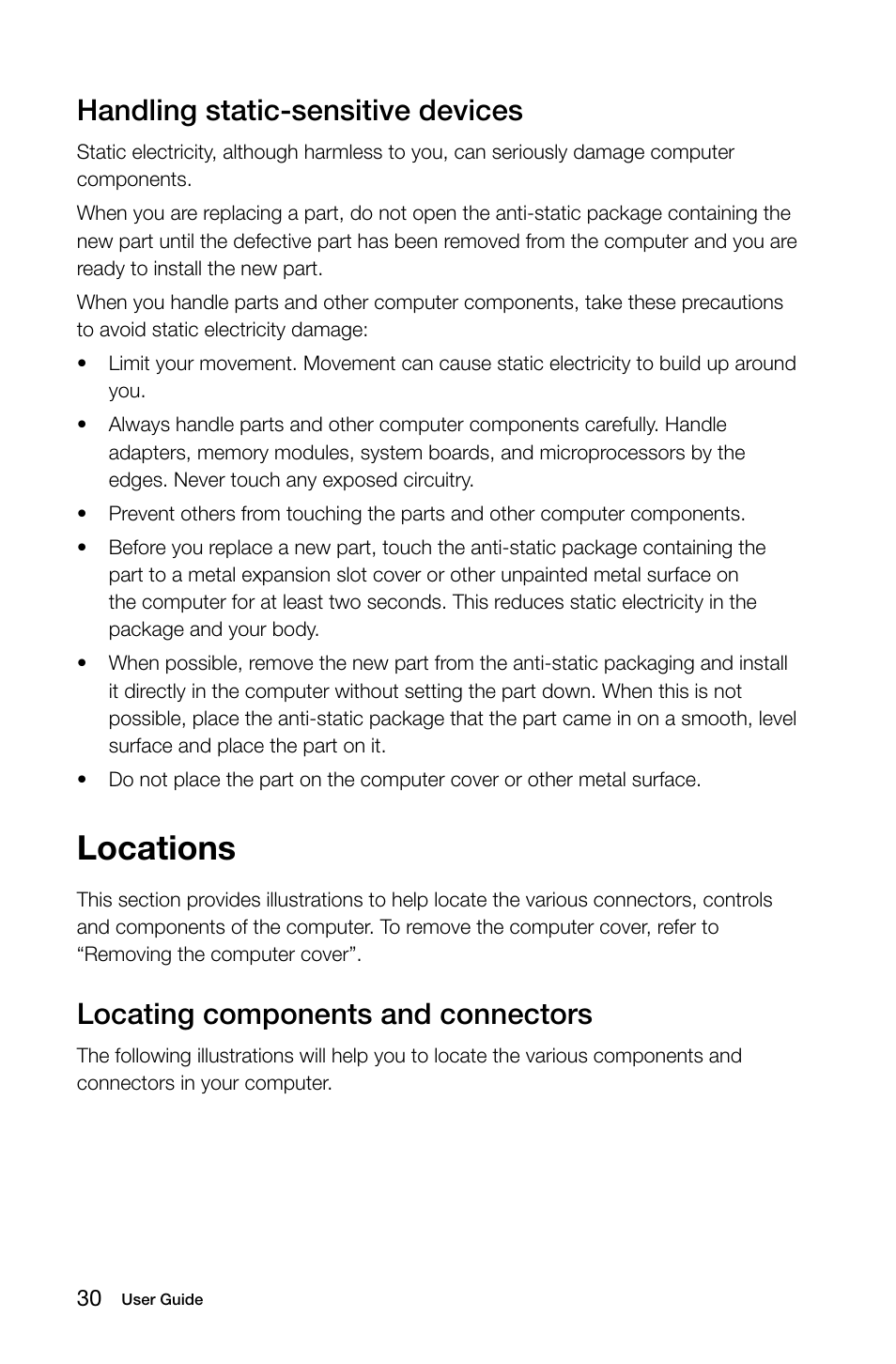 Locations, Handling static-sensitive devices, Locating components and connectors | Lenovo H505s Desktop User Manual | Page 35 / 53