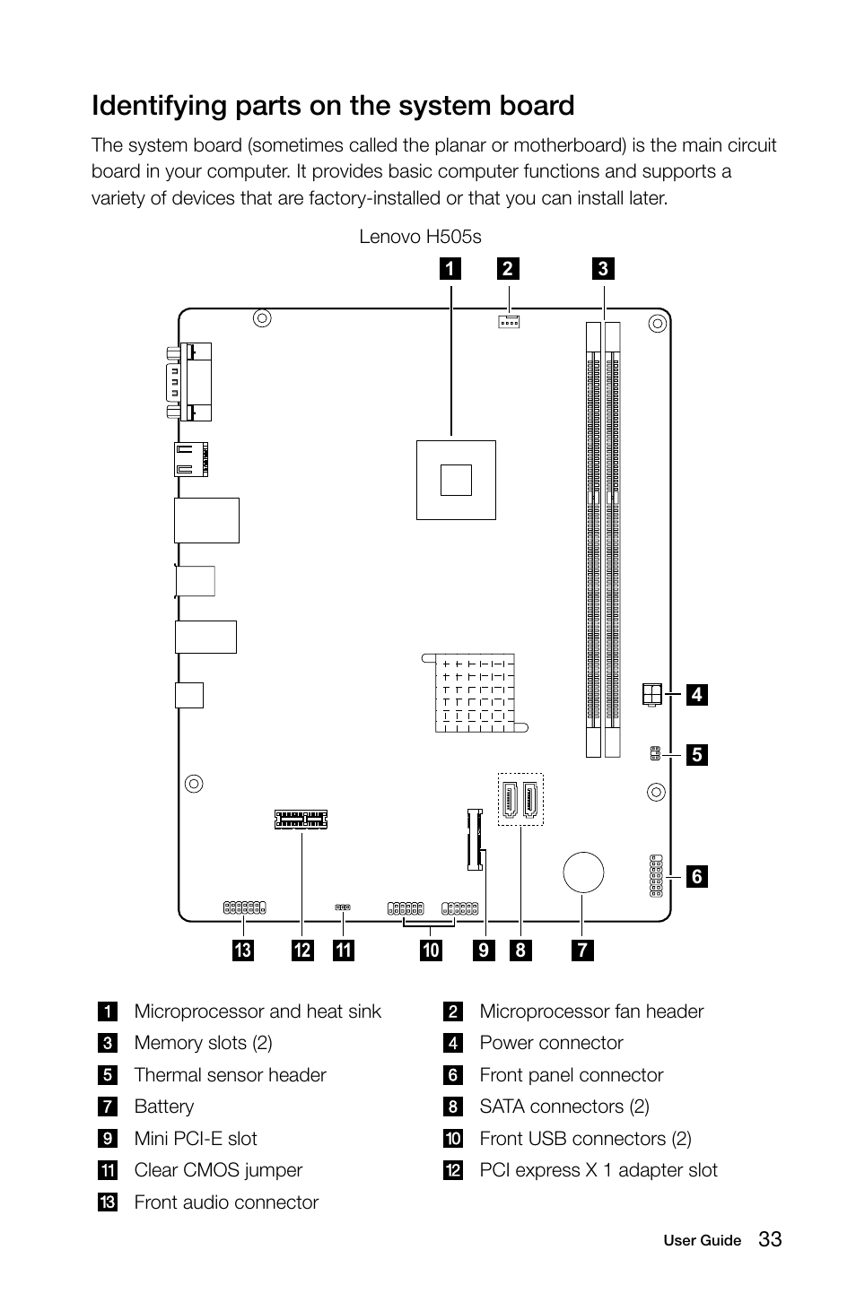 Identifying parts on the system board | Lenovo H505s Desktop User Manual | Page 38 / 53