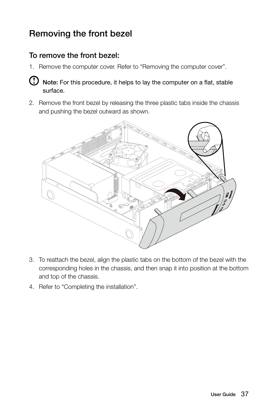 Removing the front bezel | Lenovo H505s Desktop User Manual | Page 42 / 53