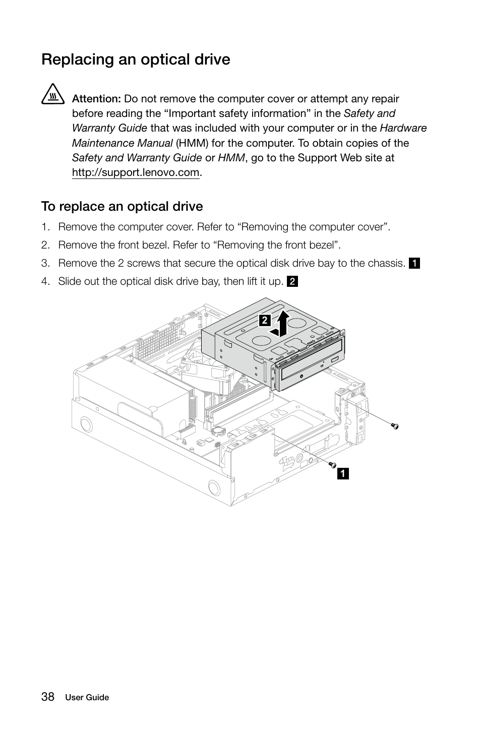 Replacing an optical drive | Lenovo H505s Desktop User Manual | Page 43 / 53