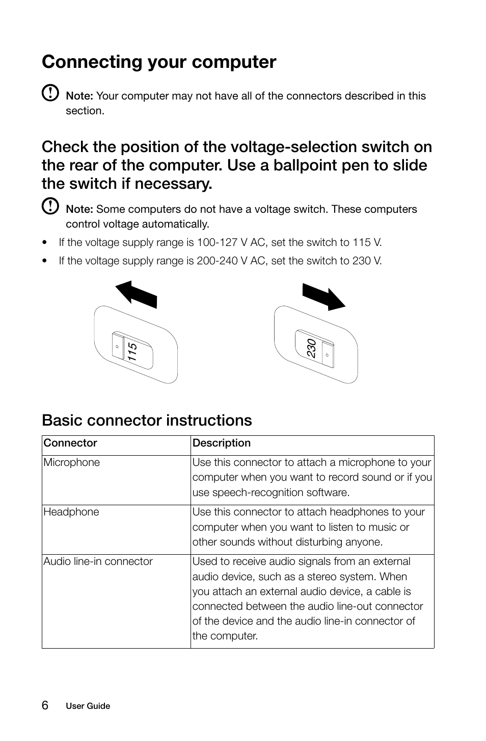 Connecting your computer, Basic connector instructions | Lenovo IdeaCentre K415 User Manual | Page 11 / 65