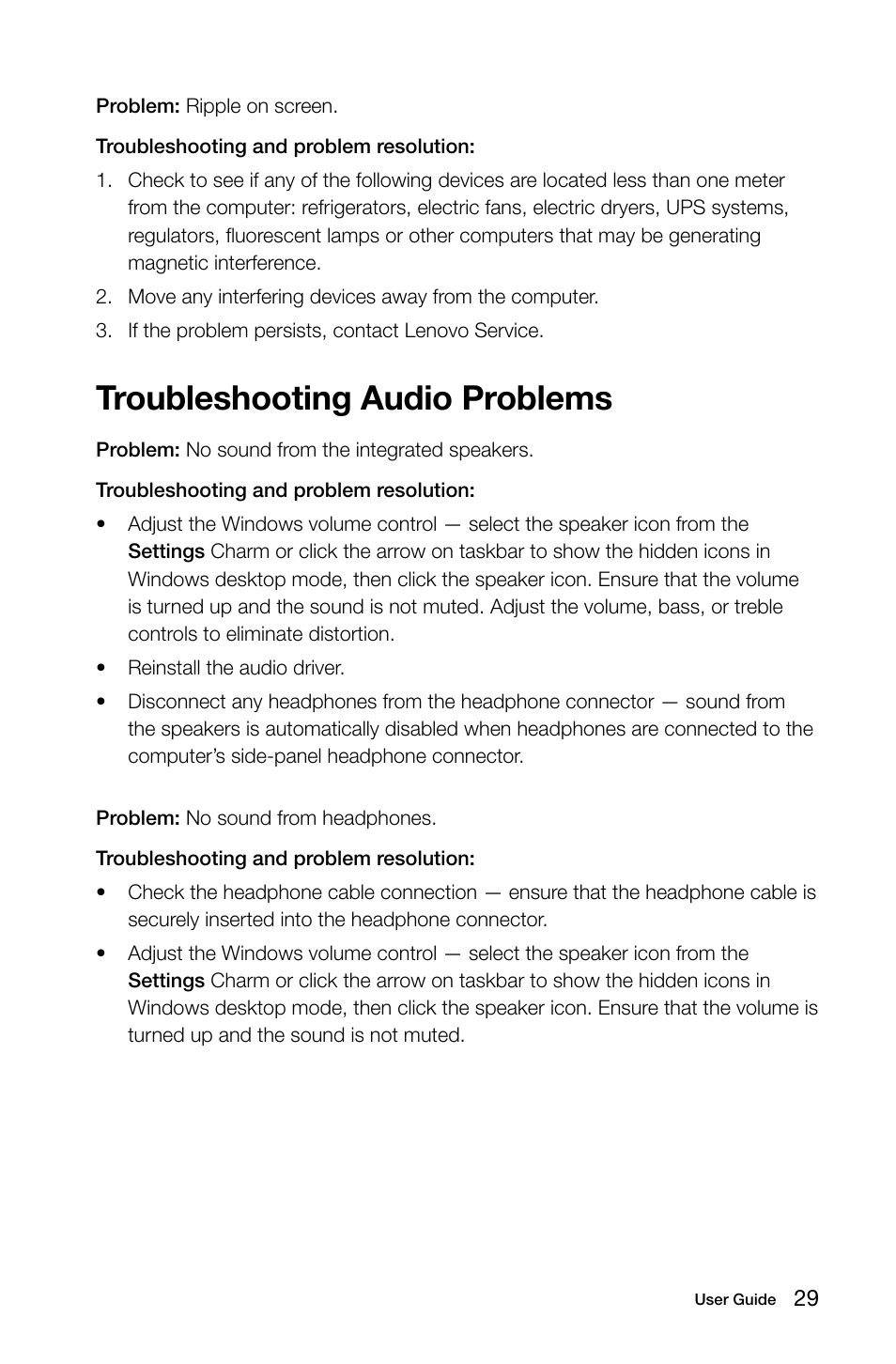 Troubleshooting audio problems | Lenovo IdeaCentre K415 User Manual | Page 34 / 65