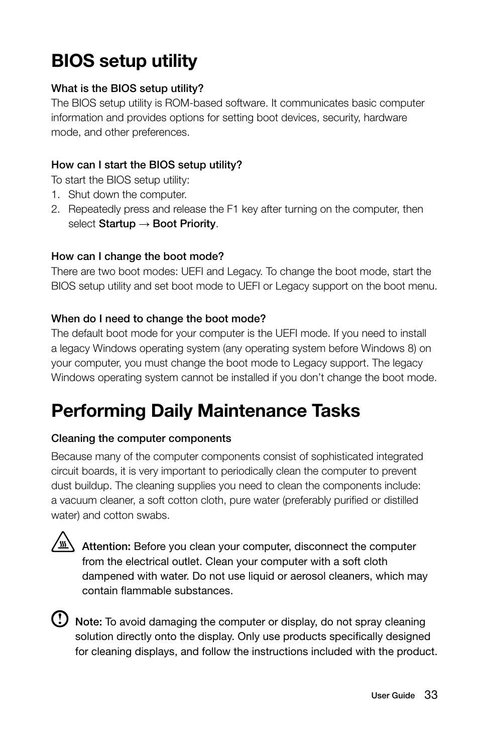 Bios setup utility, Performing daily maintenance tasks | Lenovo IdeaCentre K415 User Manual | Page 38 / 65