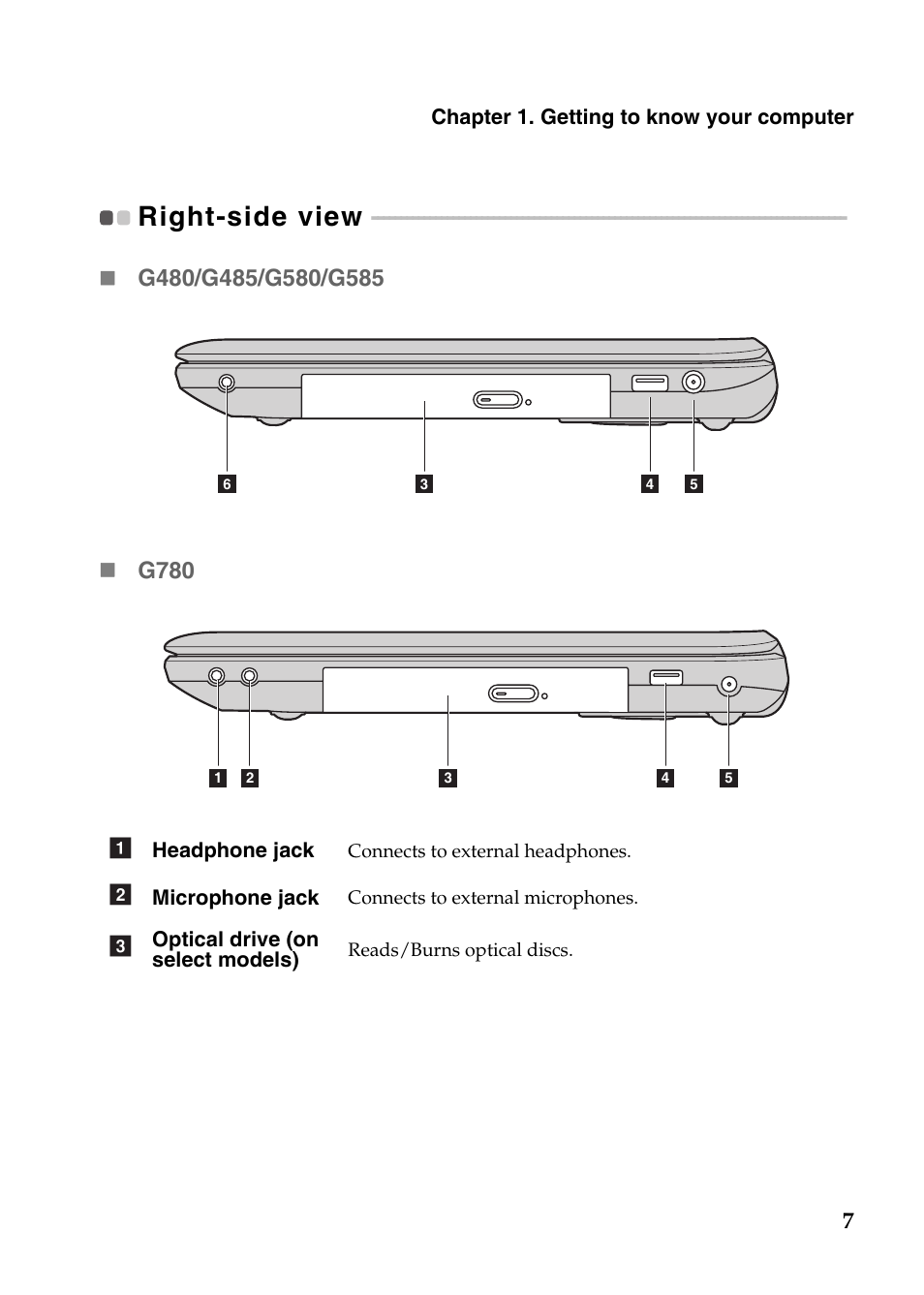 Right-side view | Lenovo G485 Notebook User Manual | Page 11 / 64