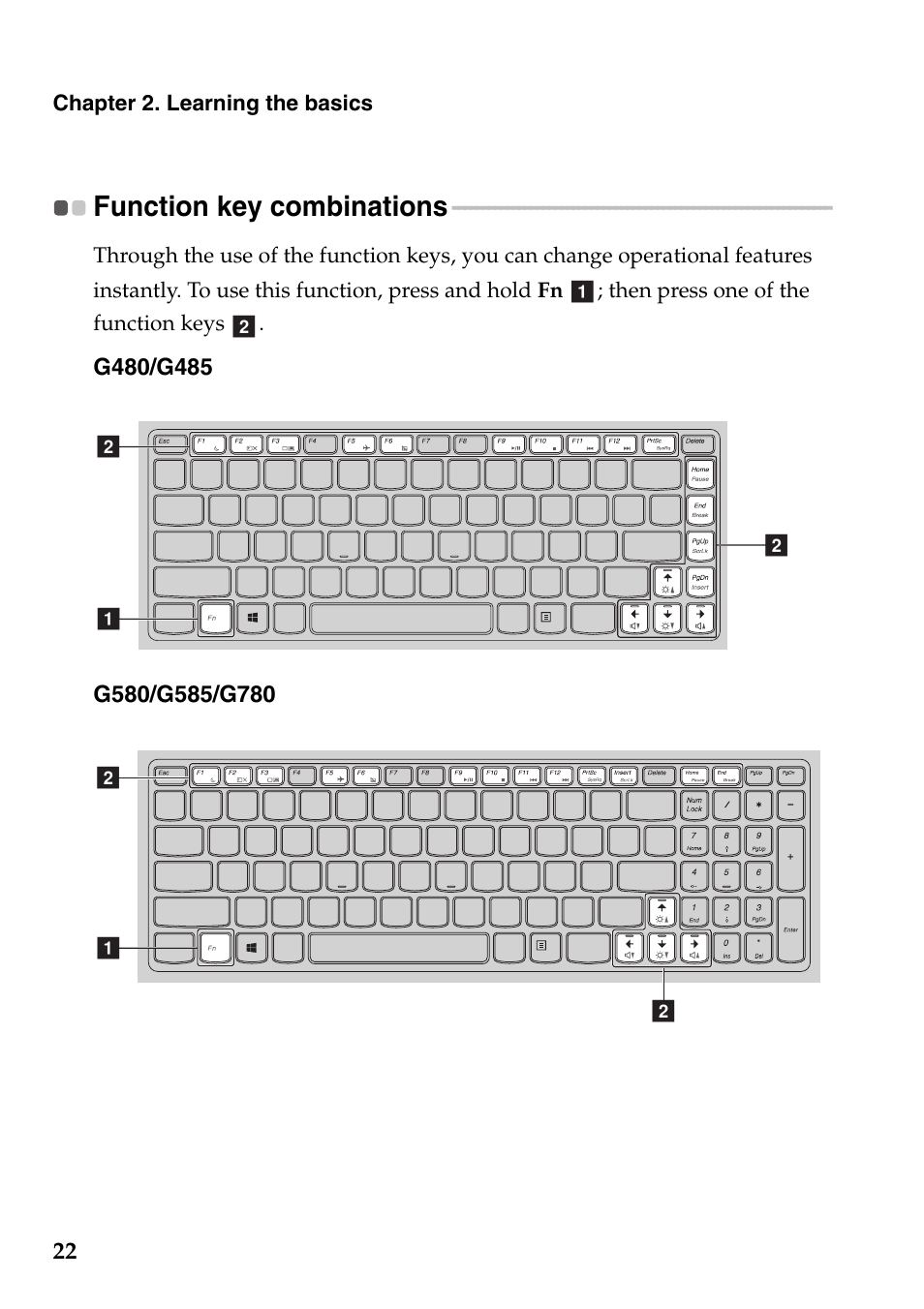 Function key combinations | Lenovo G485 Notebook User Manual | Page 26 / 64