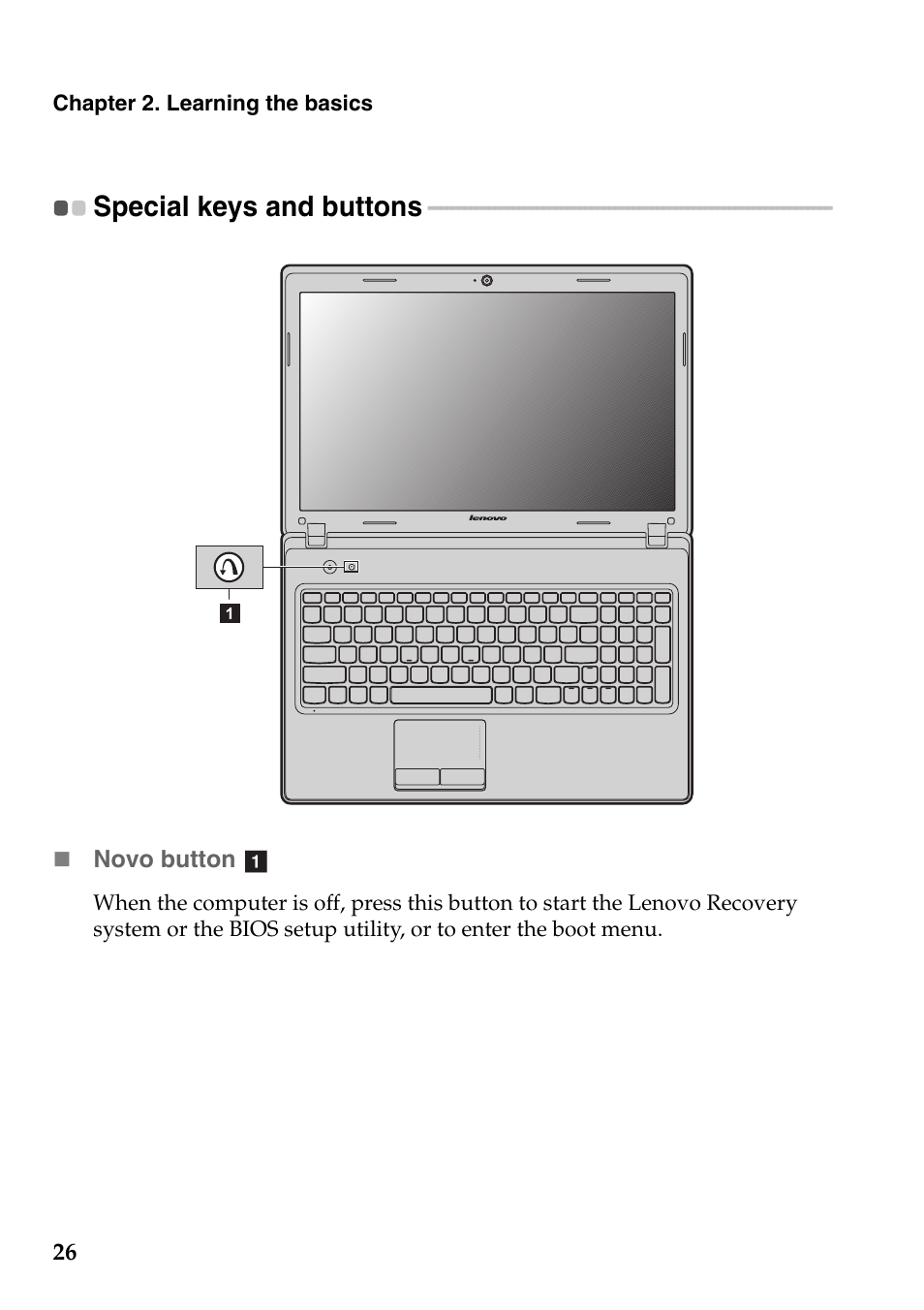 Special keys and buttons | Lenovo G485 Notebook User Manual | Page 30 / 64