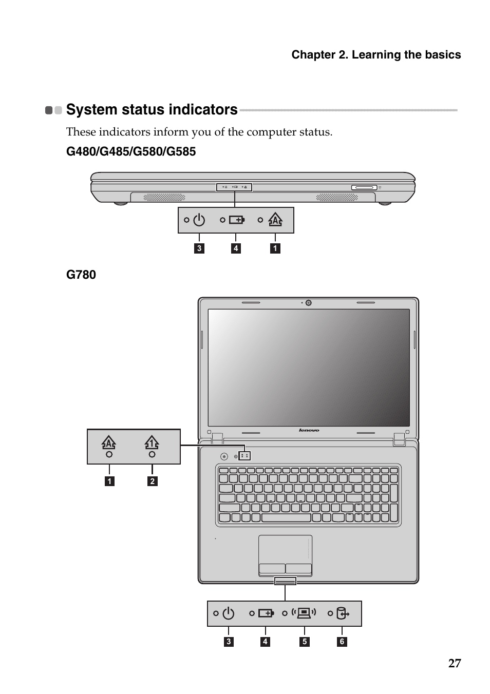 System status indicators | Lenovo G485 Notebook User Manual | Page 31 / 64