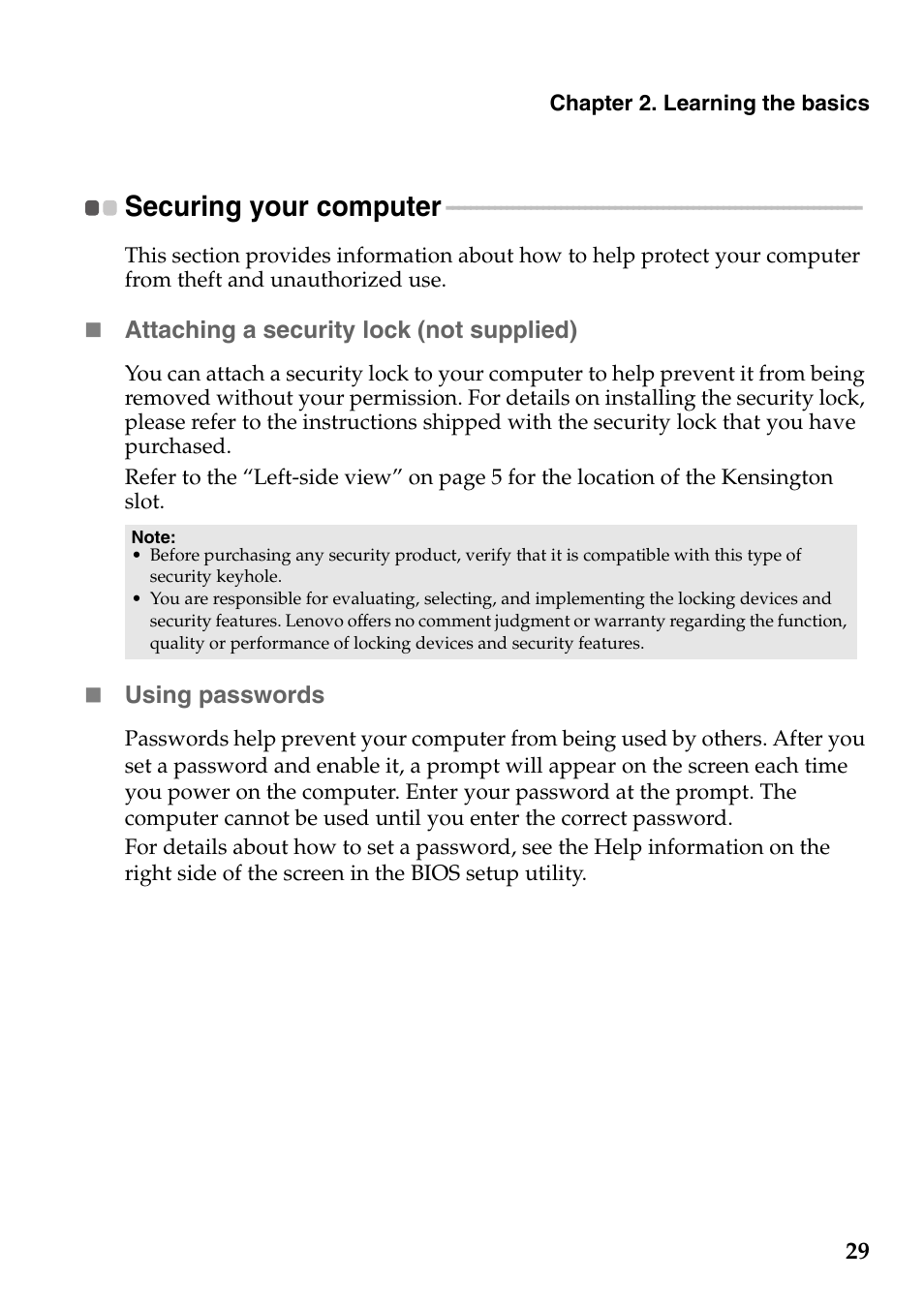 Securing your computer | Lenovo G485 Notebook User Manual | Page 33 / 64