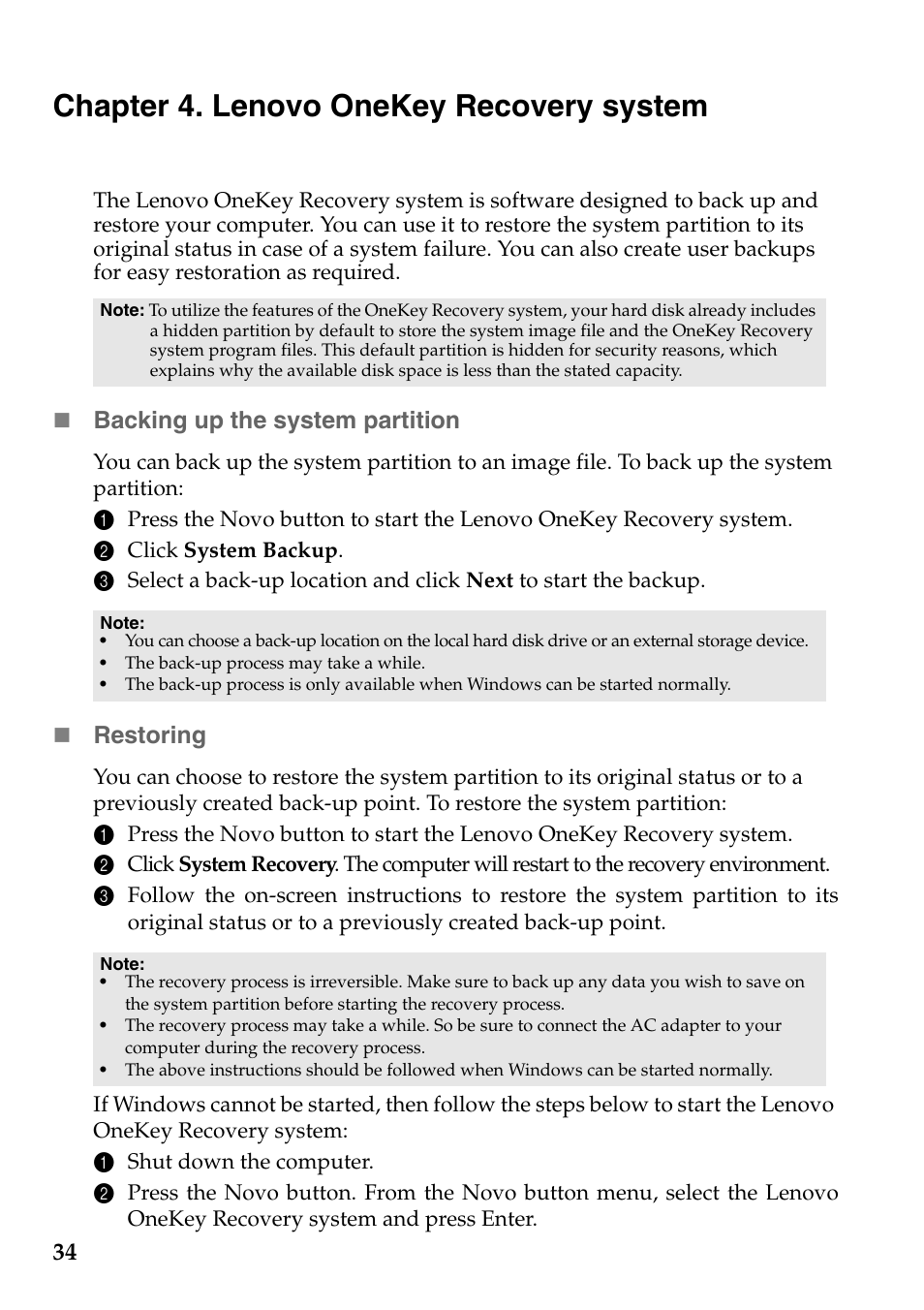 Chapter 4. lenovo onekey recovery system | Lenovo G485 Notebook User Manual | Page 38 / 64