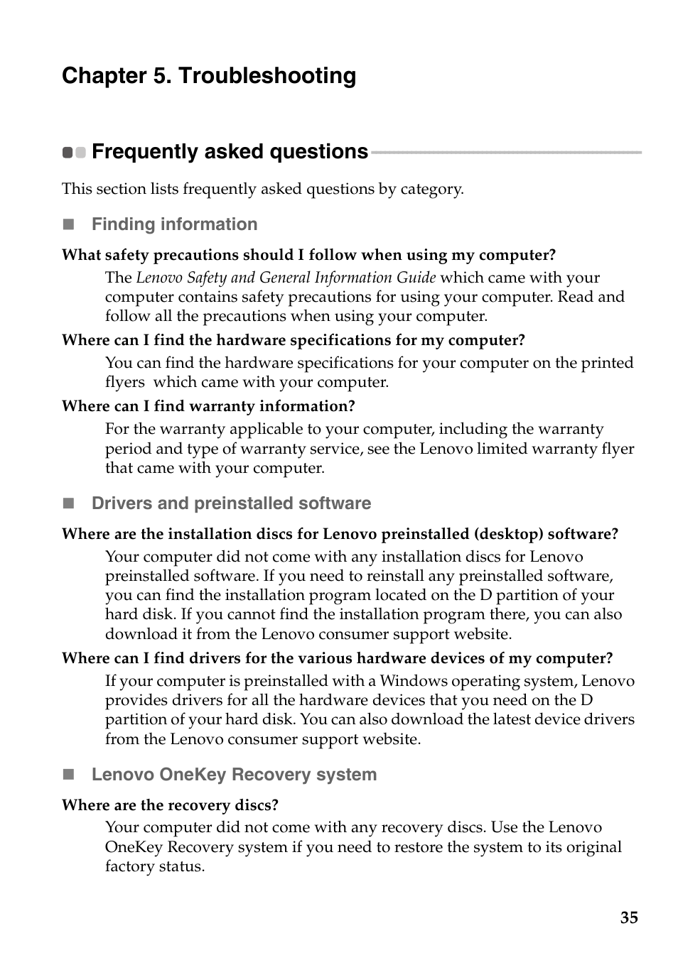 Chapter 5. troubleshooting, Frequently asked questions | Lenovo G485 Notebook User Manual | Page 39 / 64