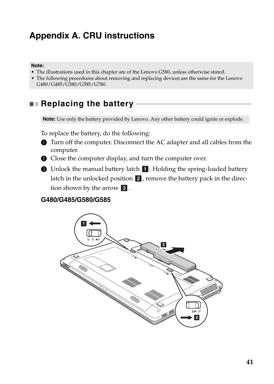 Appendix a. cru instructions, Replacing the battery | Lenovo G485 Notebook User Manual | Page 45 / 64