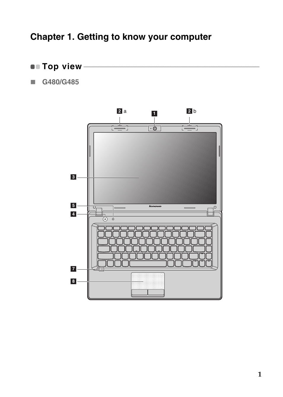 Chapter 1. getting to know your computer, Top view | Lenovo G485 Notebook User Manual | Page 5 / 64