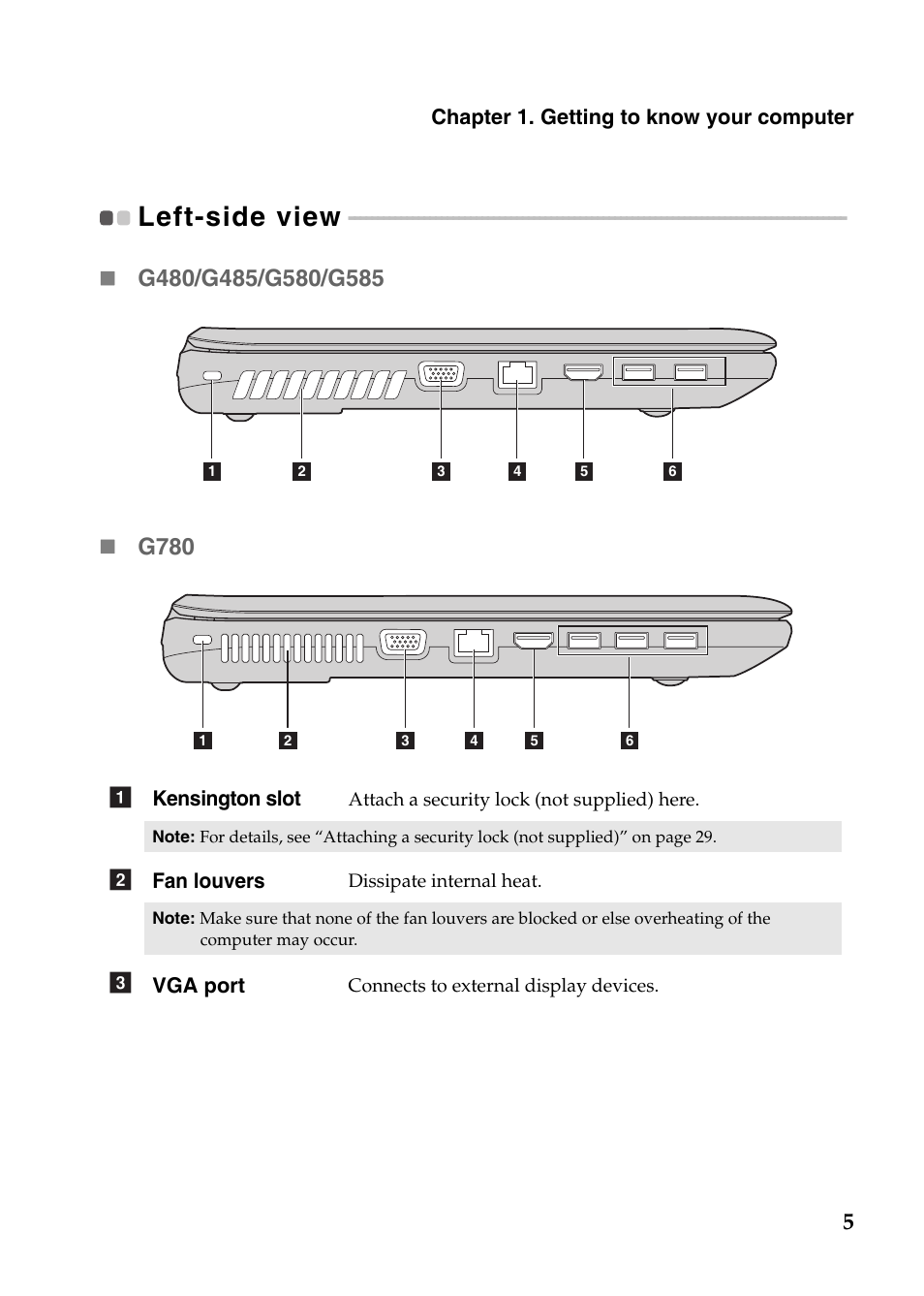 Left-side view | Lenovo G485 Notebook User Manual | Page 9 / 64