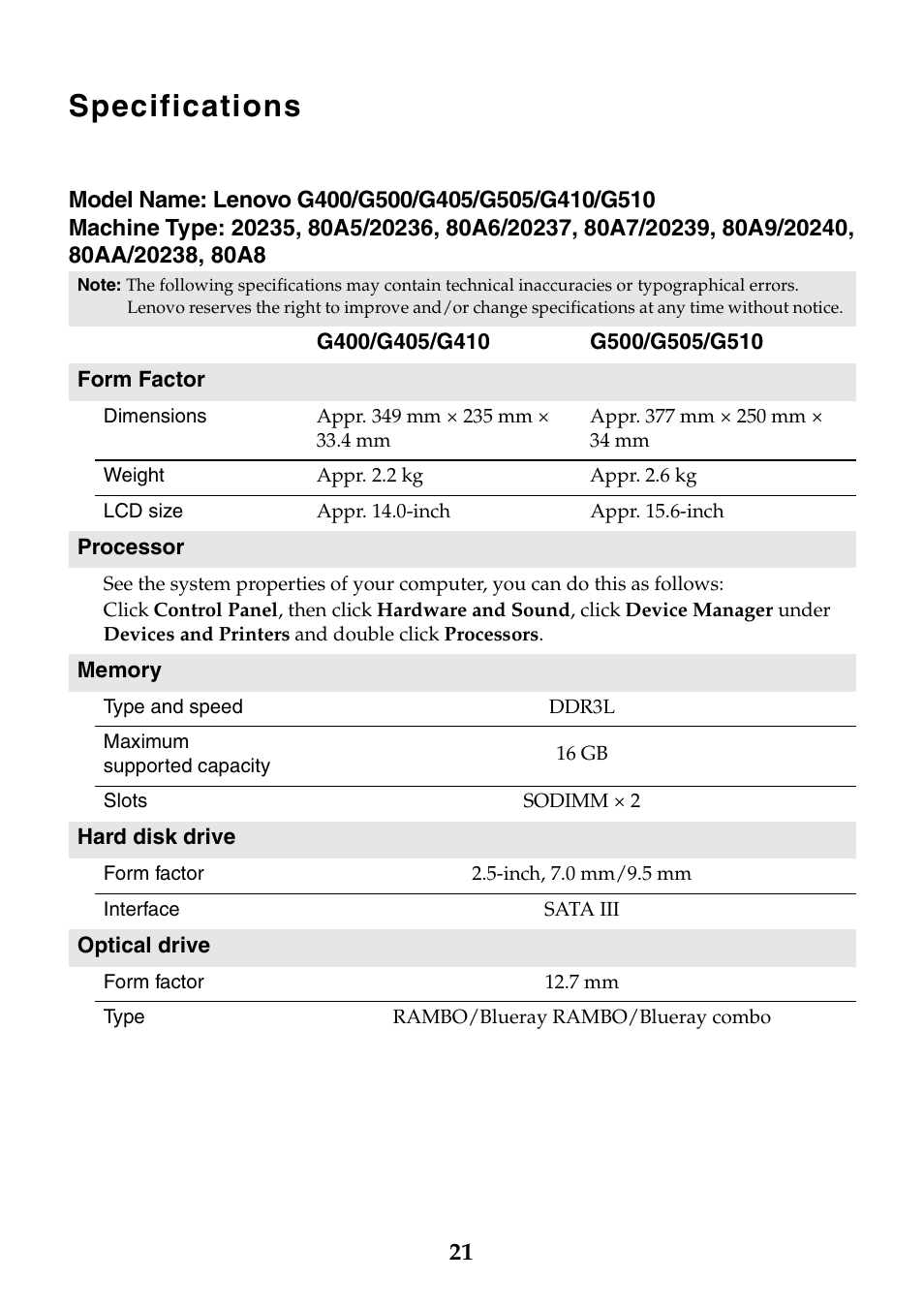 Specifications | Lenovo G505 Notebook User Manual | Page 21 / 24