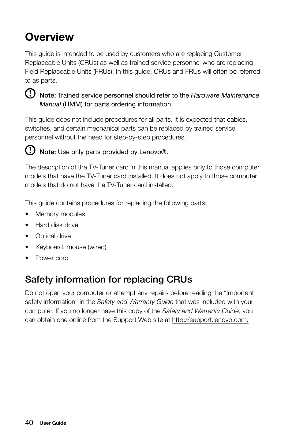 Overview, Safety information for replacing crus | Lenovo IdeaCentre B550 All-in-One User Manual | Page 45 / 63
