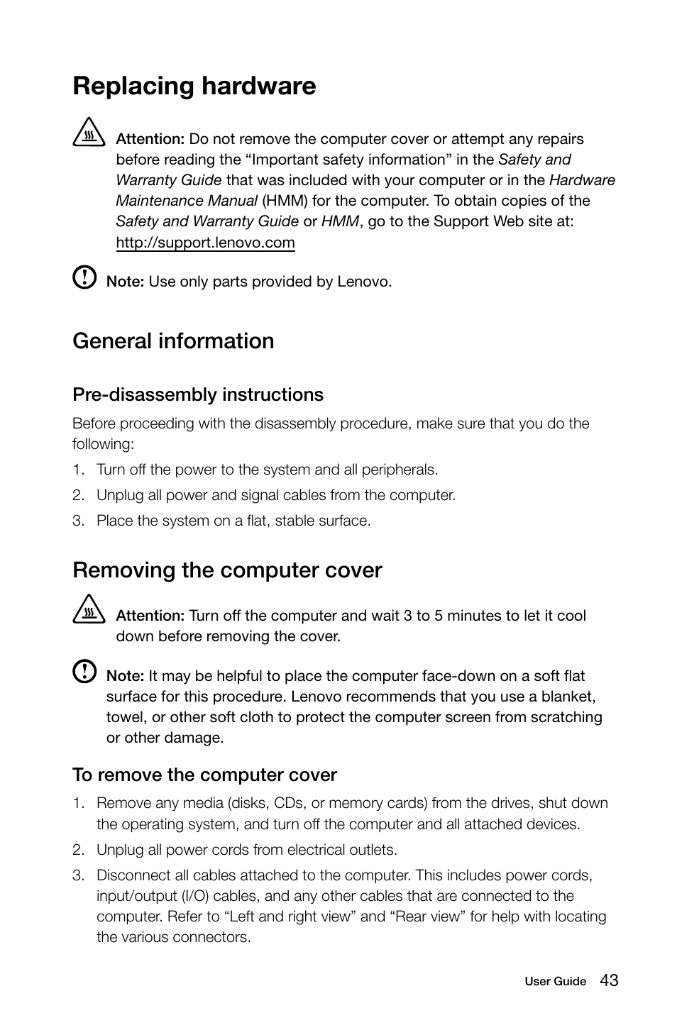 Replacing hardware, General information, Removing the computer cover | Lenovo IdeaCentre B550 All-in-One User Manual | Page 48 / 63