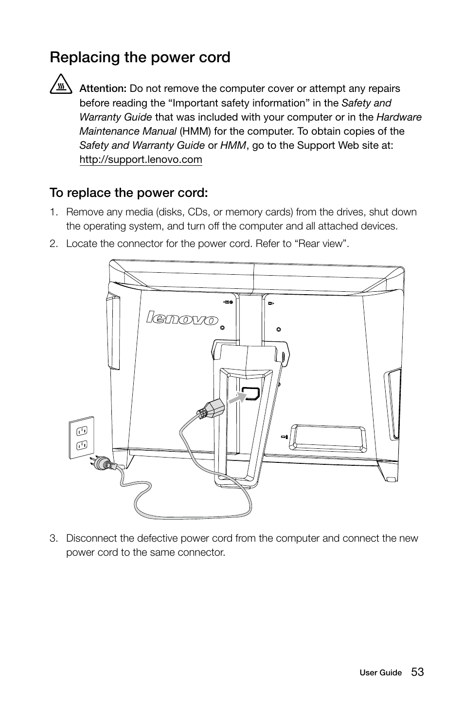 Replacing the power cord | Lenovo IdeaCentre B550 All-in-One User Manual | Page 58 / 63