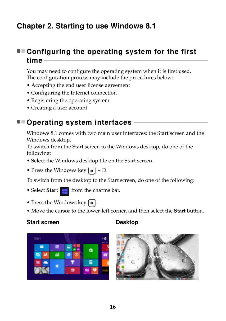 Chapter 2. starting to use windows 8.1, Operating system interfaces | Lenovo Z40-75 User Manual | Page 22 / 51