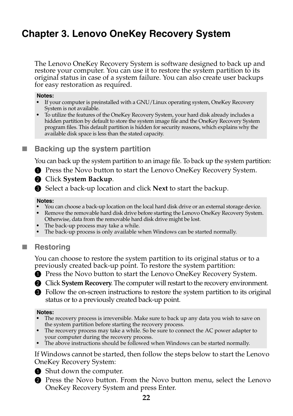 Chapter 3. lenovo onekey recovery system, Backing up the system partition, Restoring | Lenovo Z40-75 User Manual | Page 28 / 51