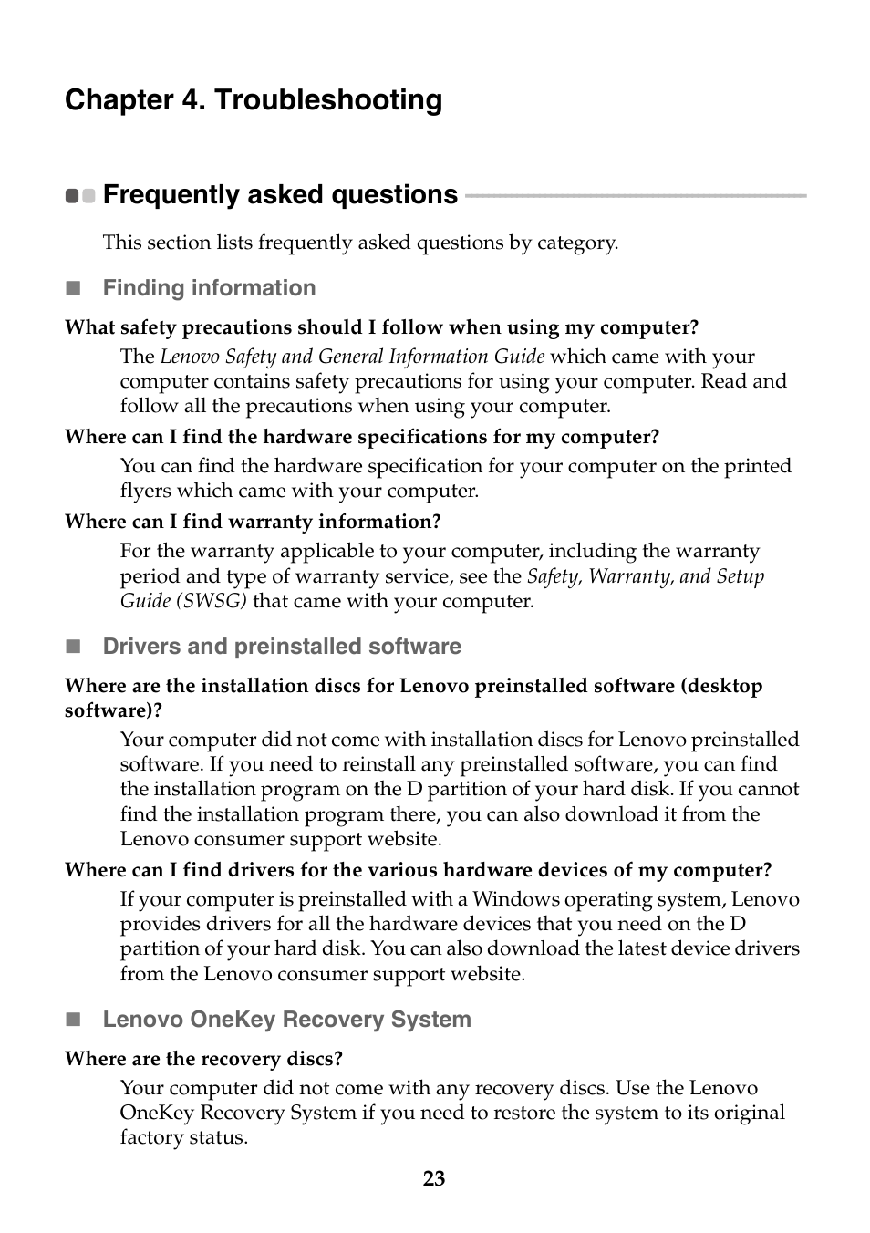 Chapter 4. troubleshooting, Frequently asked questions | Lenovo Z40-75 User Manual | Page 29 / 51