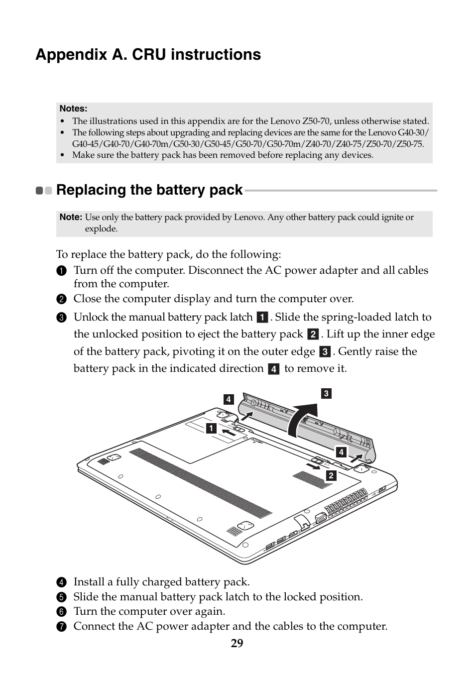 Appendix a. cru instructions, Replacing the battery pack | Lenovo Z40-75 User Manual | Page 35 / 51