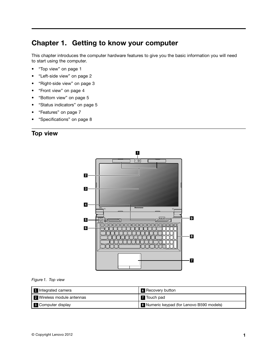 Chapter 1. getting to know your computer, Top view | Lenovo B590 Notebook User Manual | Page 15 / 84