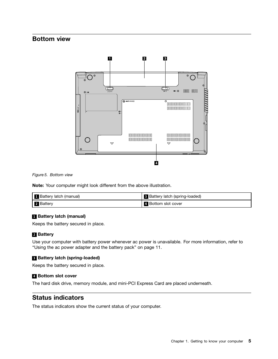 Bottom view, Status indicators | Lenovo B590 Notebook User Manual | Page 19 / 84