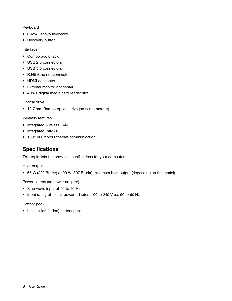 Specifications | Lenovo B590 Notebook User Manual | Page 22 / 84