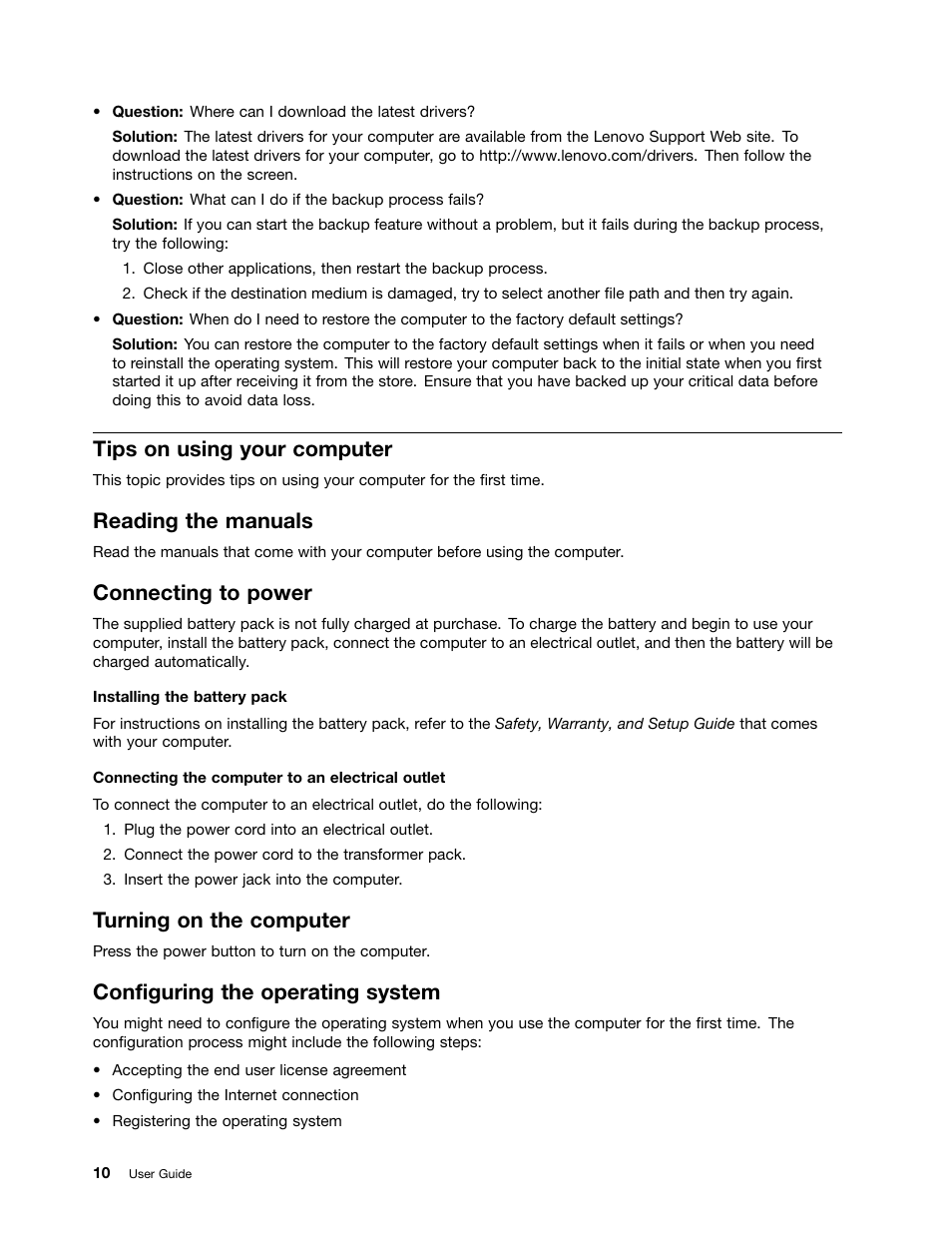 Tips on using your computer, Reading the manuals, Connecting to power | Turning on the computer, Configuring the operating system | Lenovo B590 Notebook User Manual | Page 24 / 84