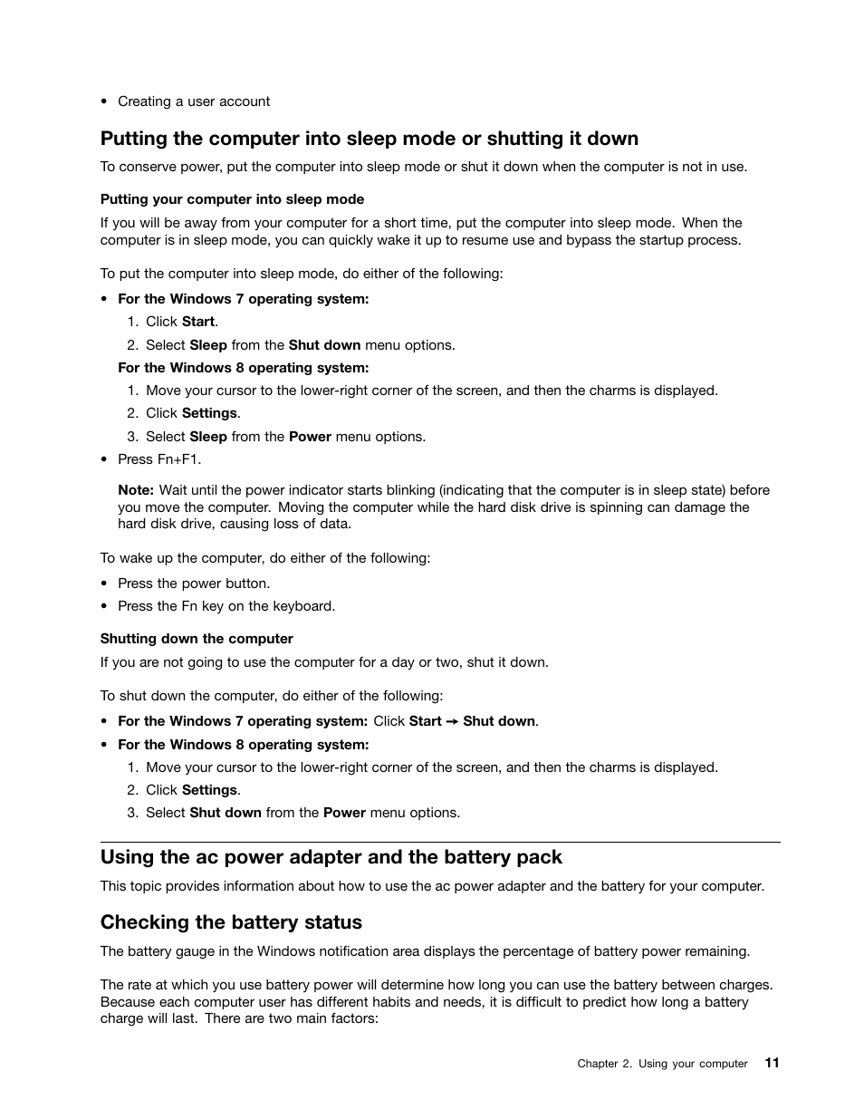 Using the ac power adapter and the battery pack, Checking the battery status | Lenovo B590 Notebook User Manual | Page 25 / 84