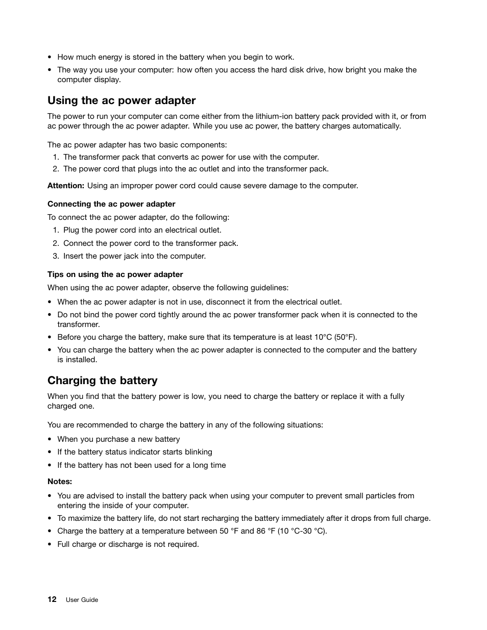 Using the ac power adapter, Charging the battery | Lenovo B590 Notebook User Manual | Page 26 / 84