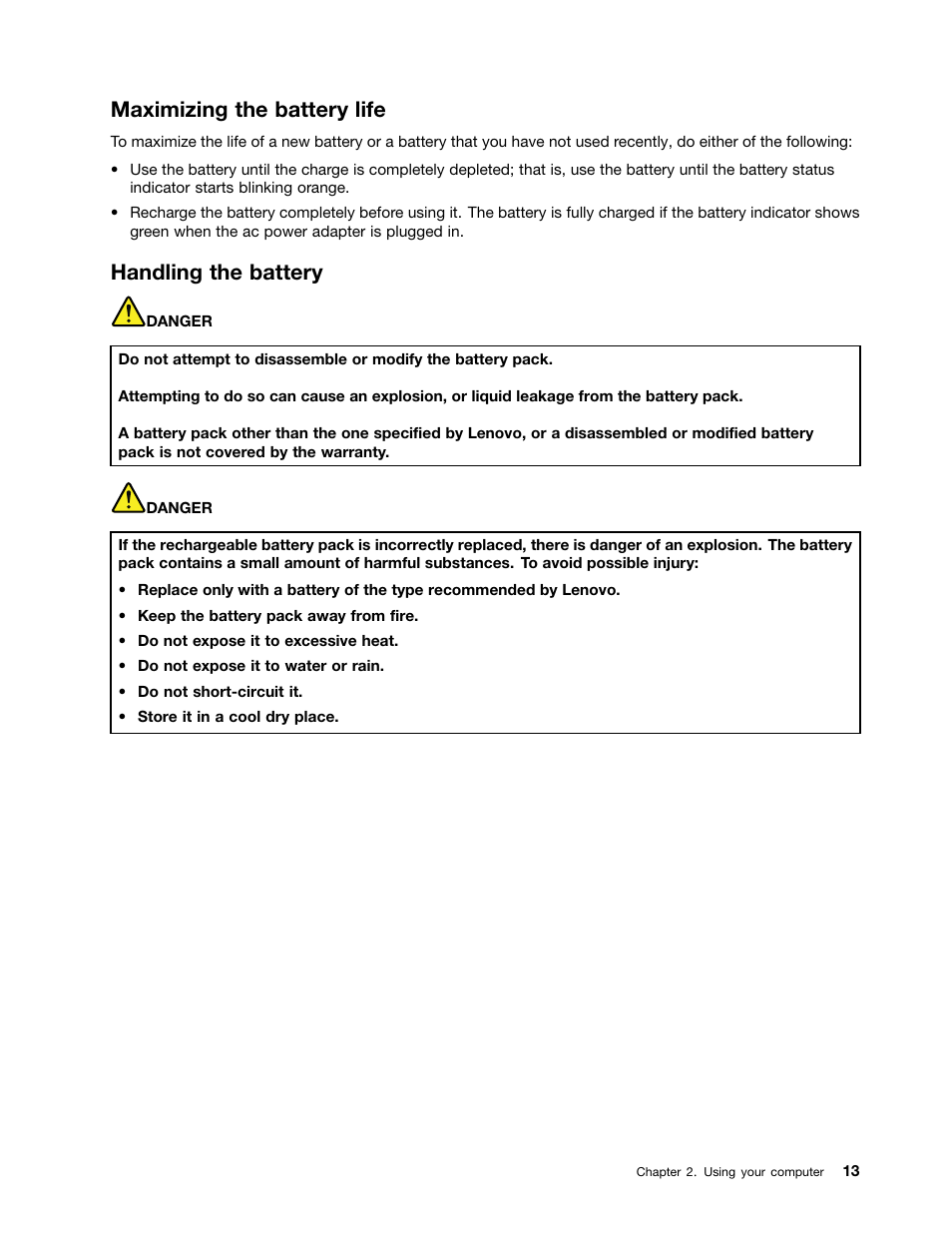 Maximizing the battery life, Handling the battery | Lenovo B590 Notebook User Manual | Page 27 / 84