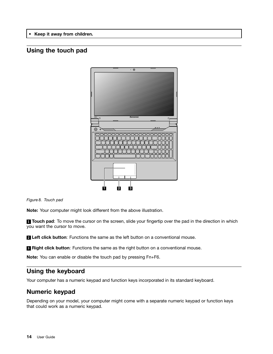 Using the touch pad, Using the keyboard, Numeric keypad | Lenovo B590 Notebook User Manual | Page 28 / 84