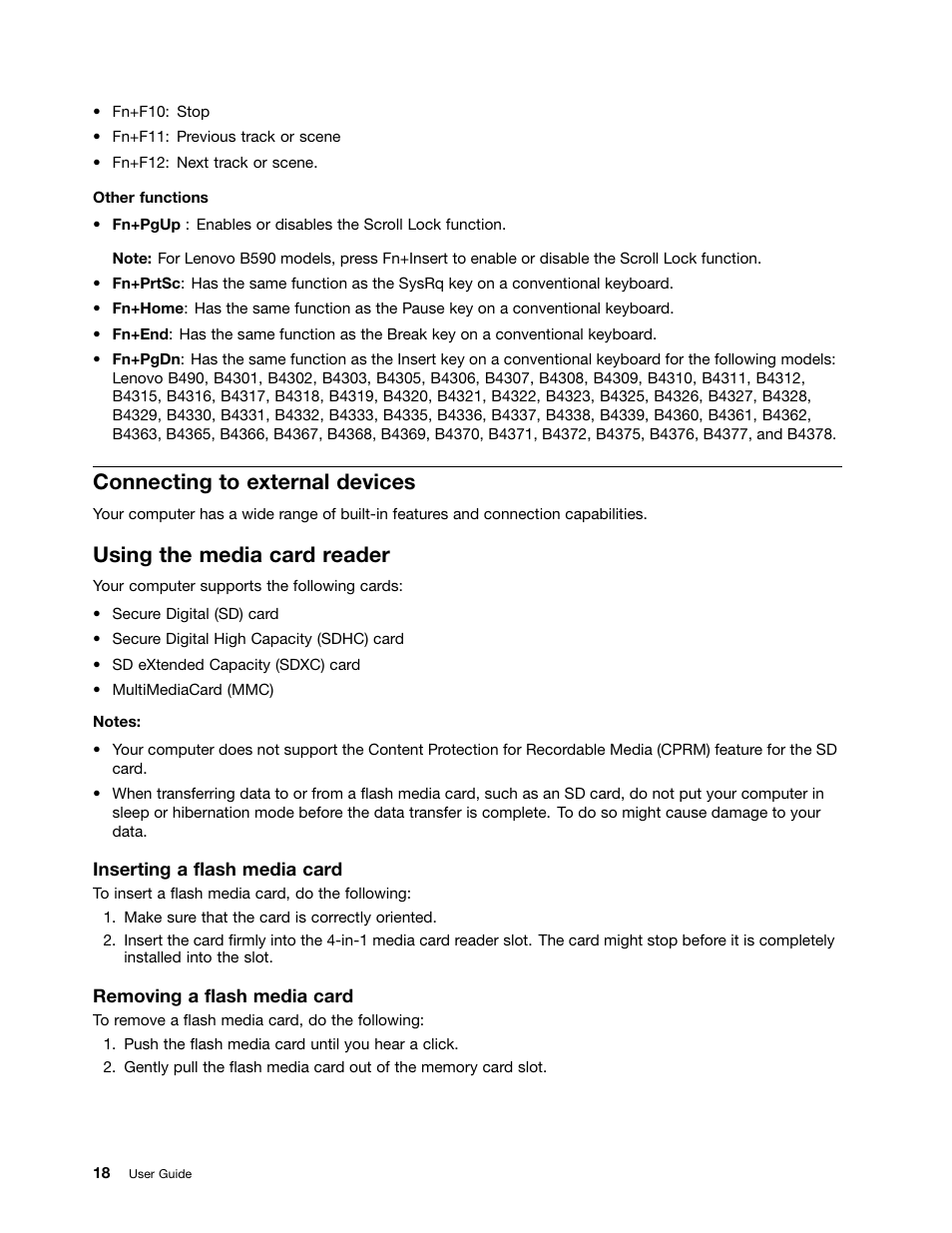 Connecting to external devices, Using the media card reader | Lenovo B590 Notebook User Manual | Page 32 / 84