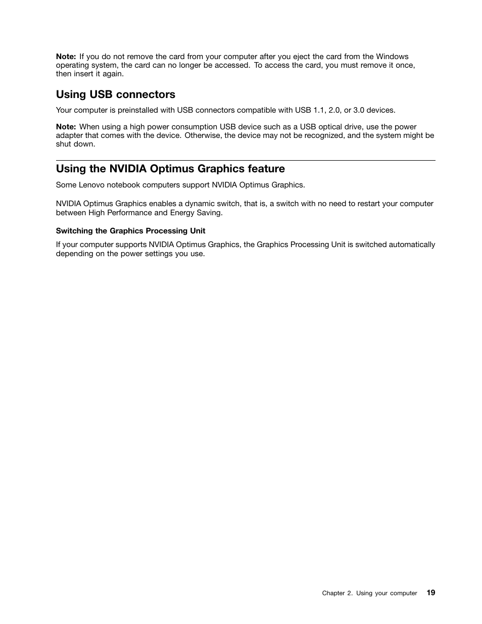 Using usb connectors, Using the nvidia optimus graphics feature | Lenovo B590 Notebook User Manual | Page 33 / 84