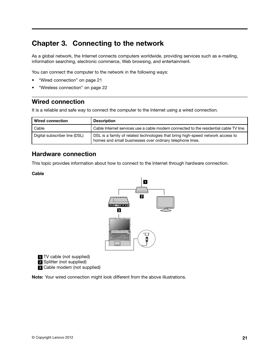 Chapter 3. connecting to the network, Wired connection, Hardware connection | Lenovo B590 Notebook User Manual | Page 35 / 84