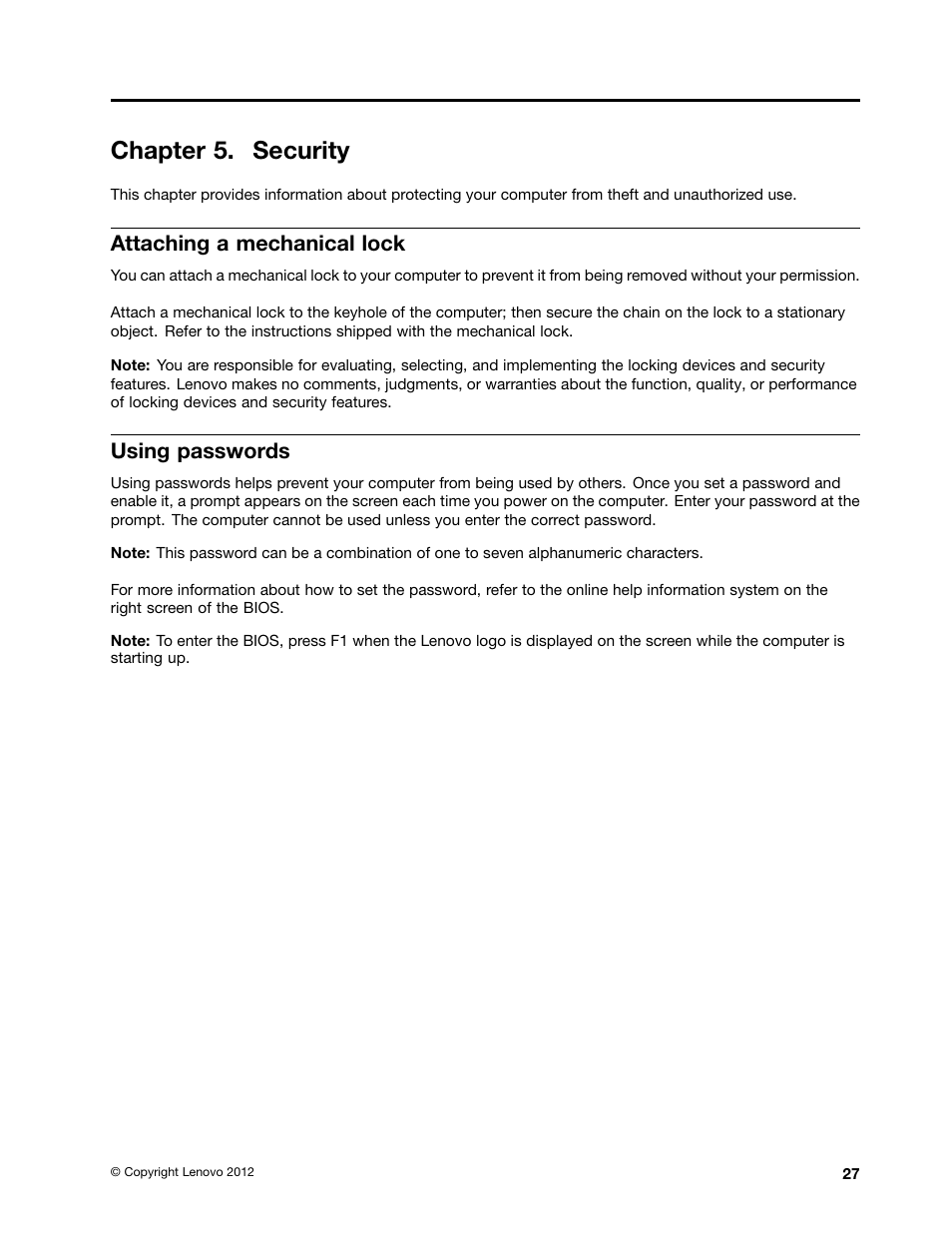 Chapter 5. security, Attaching a mechanical lock, Using passwords | Lenovo B590 Notebook User Manual | Page 41 / 84