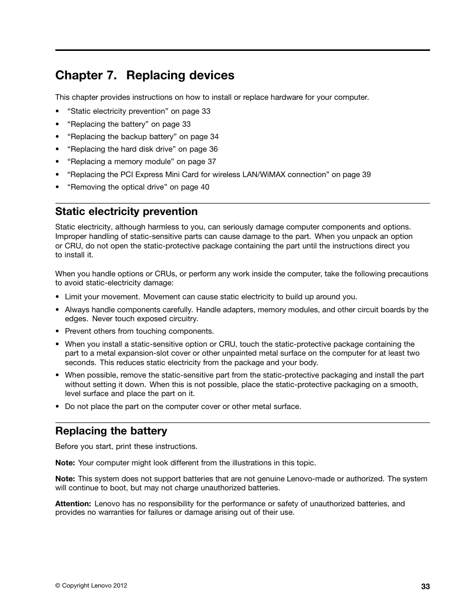 Chapter 7. replacing devices, Static electricity prevention, Replacing the battery | Lenovo B590 Notebook User Manual | Page 47 / 84