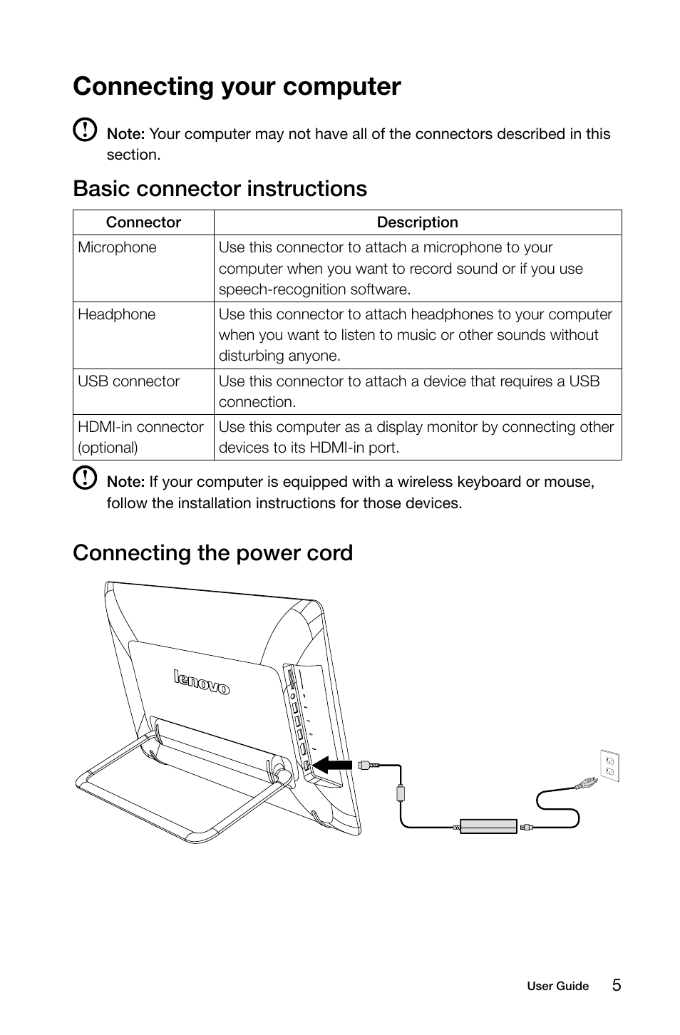 Connecting your computer, Basic connector instructions, Connecting the power cord | Lenovo Horizon 2e Table PC User Manual | Page 10 / 49