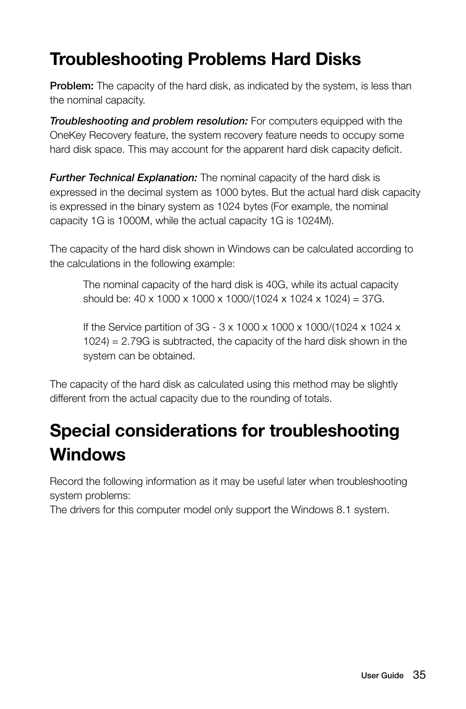 Troubleshooting problems hard disks, Special considerations for troubleshooting windows | Lenovo Horizon 2e Table PC User Manual | Page 40 / 49