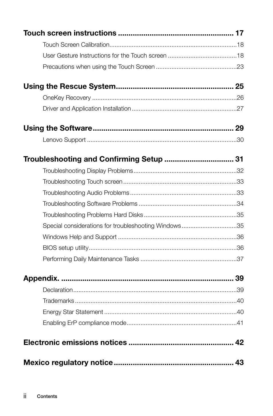 Touch screen instructions, Using the rescue system, Using the software | Troubleshooting and confirming setup, Appendix | Lenovo Horizon 2e Table PC User Manual | Page 5 / 49