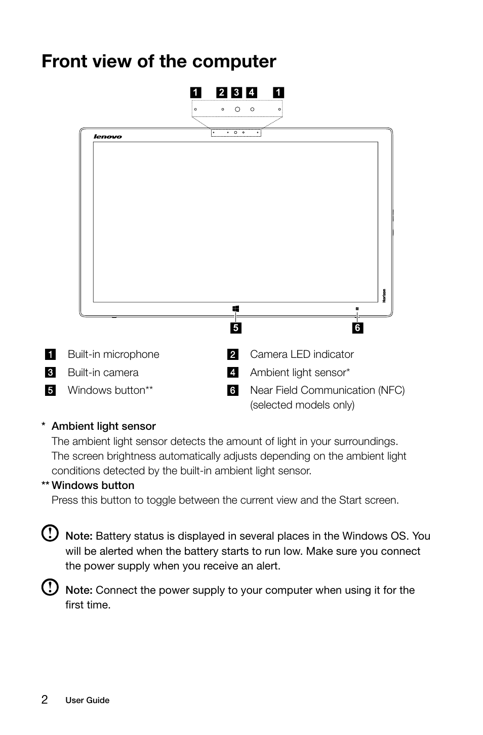 Front view of the computer | Lenovo Horizon 2e Table PC User Manual | Page 7 / 49
