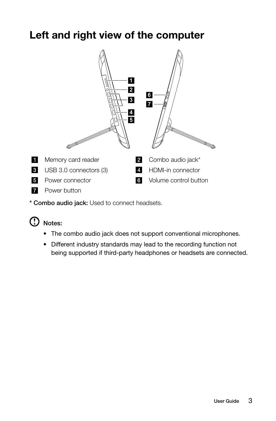 Left and right view of the computer | Lenovo Horizon 2e Table PC User Manual | Page 8 / 49